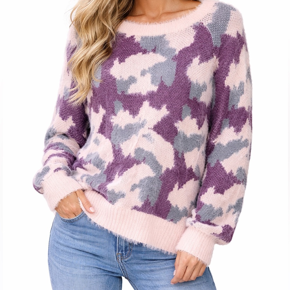 Umgee Pink, Purple & Gray Camo Crewneck Sweater